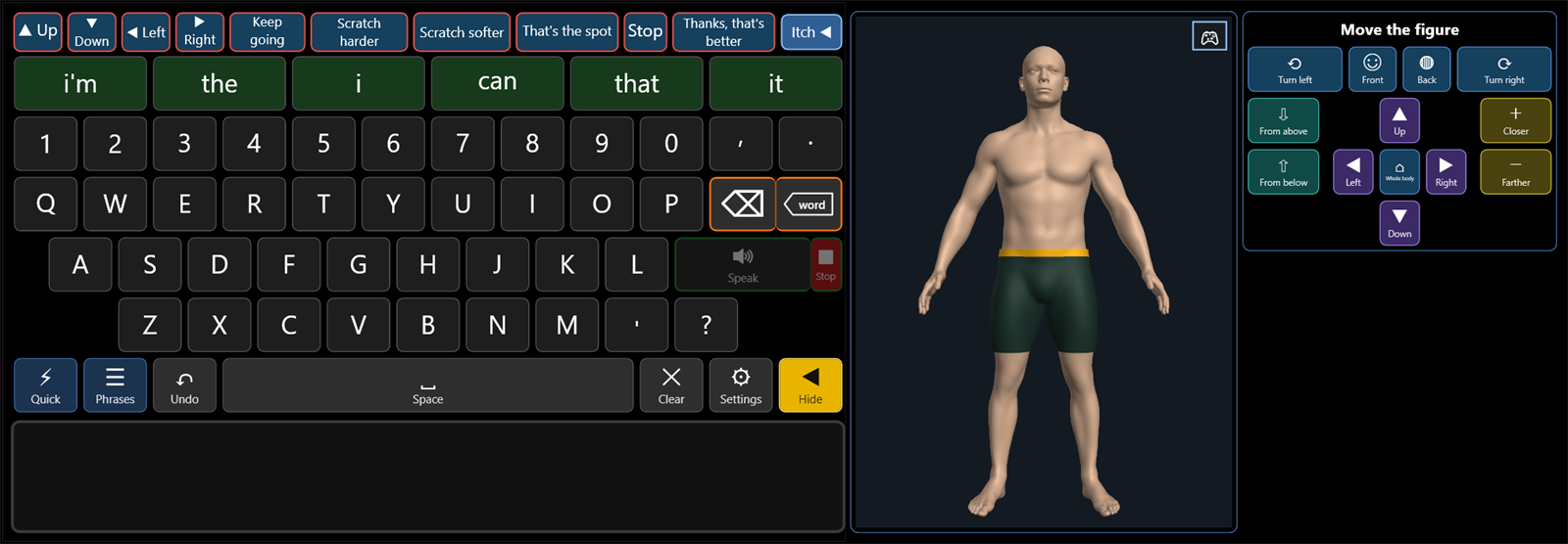 BetterTalk with the Itch screen open: the red strip shows words for the person scratching (Keep going, Scratch harder, That's the spot, Stop), beside the keyboard is a 3D figure of a body to click on, and a panel of buttons to turn and zoom the figure.